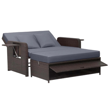 Patio Rattan Loveseat Set Daybed Lounge Storage Ottoman Side Tables Adjust Gray